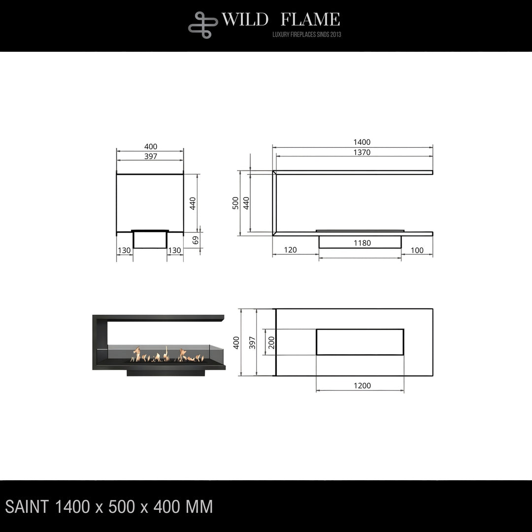 Dreiseitiger Bioethanol Einbaukamin U - SAINT 140