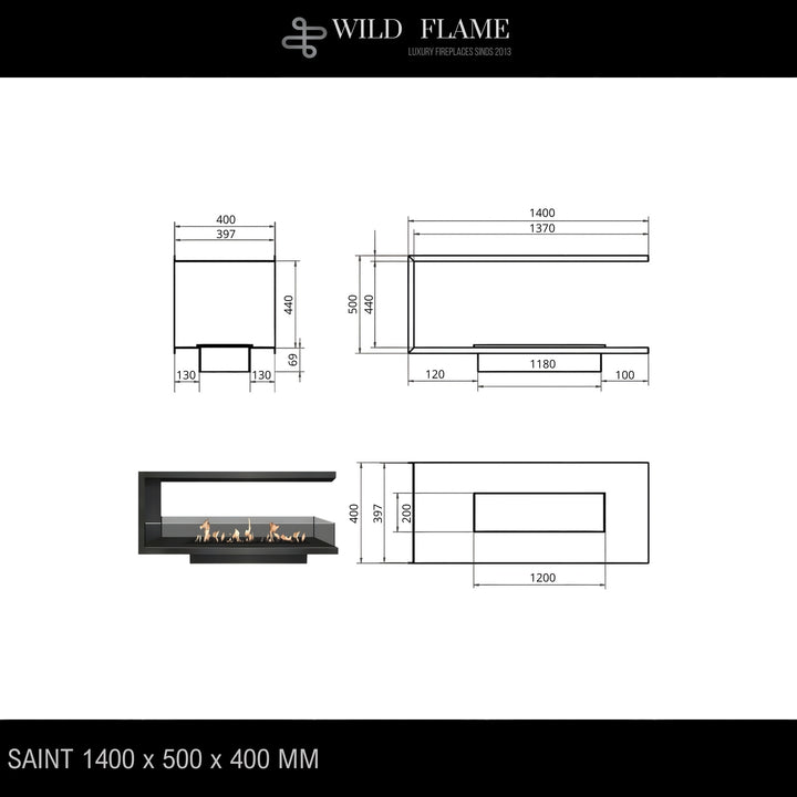 Dreiseitiger Bioethanol Einbaukamin U - SAINT 140
